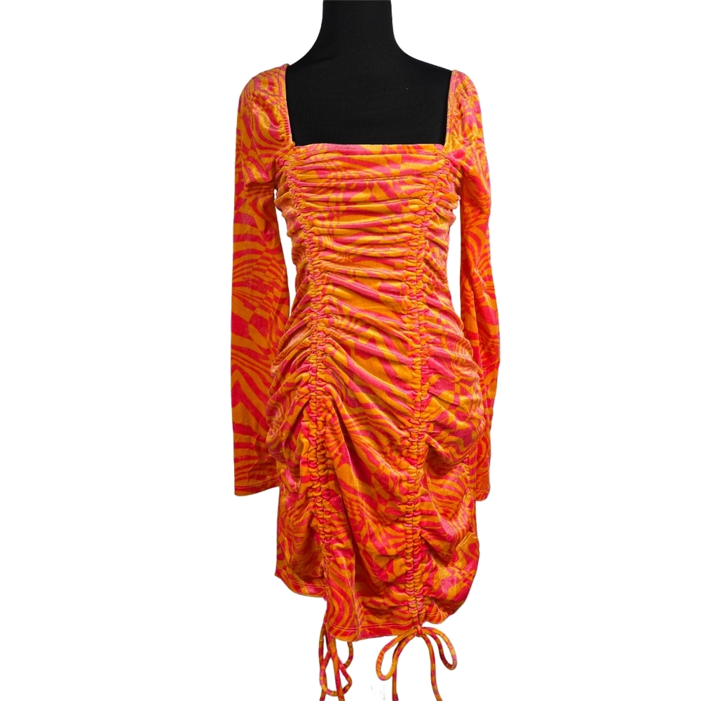 Wild Fable Orange and Pink Long Sleeve Velour Ruched Dress